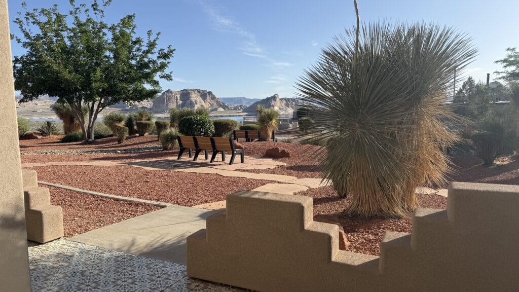 View of Lake Powell from a hotel room patio. 