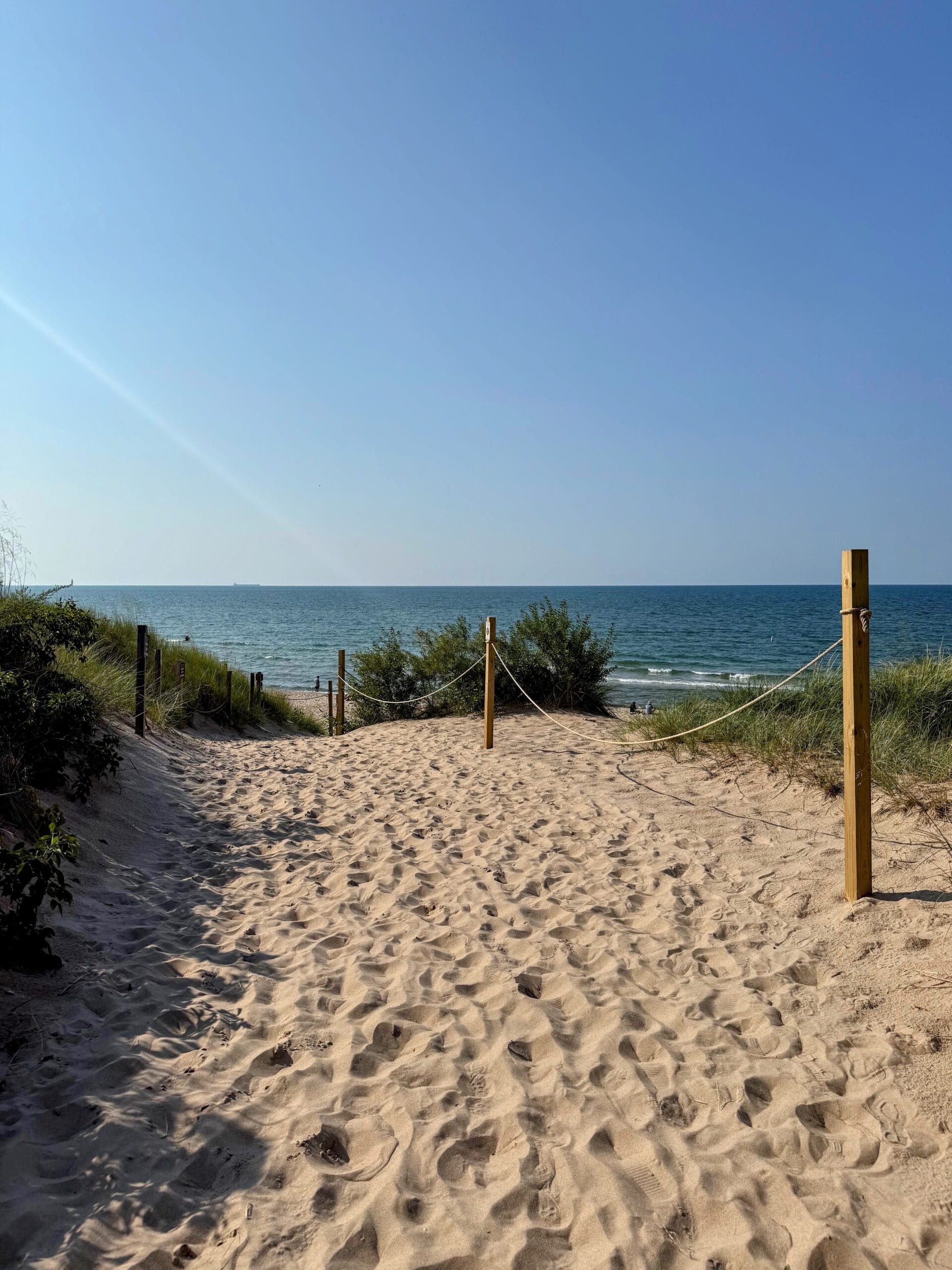 A sandy trail ending on a beach with tall grass and shrubs on the sides of the trail. Wooden posts on the right of the trail with rope attached to each post.